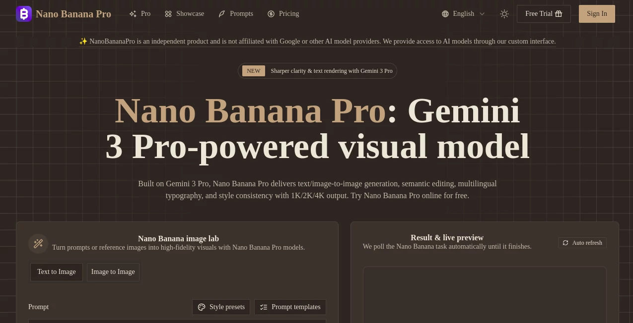Screenshot of Nano Banana Pro – An AI tool in the ,AI Text to Image ,AI Photo & Image Generator ,AI Art Generator ,AI Design Generator  category, showcasing its interface and key features.