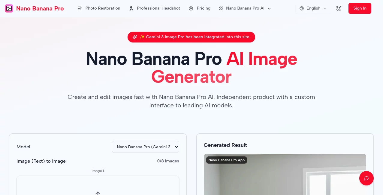 Screenshot of Nano Banana Pro – An AI tool in the ,Photo & Image Editor ,AI Photo Enhancer ,AI Image to Image ,AI Art Generator  category, showcasing its interface and key features.