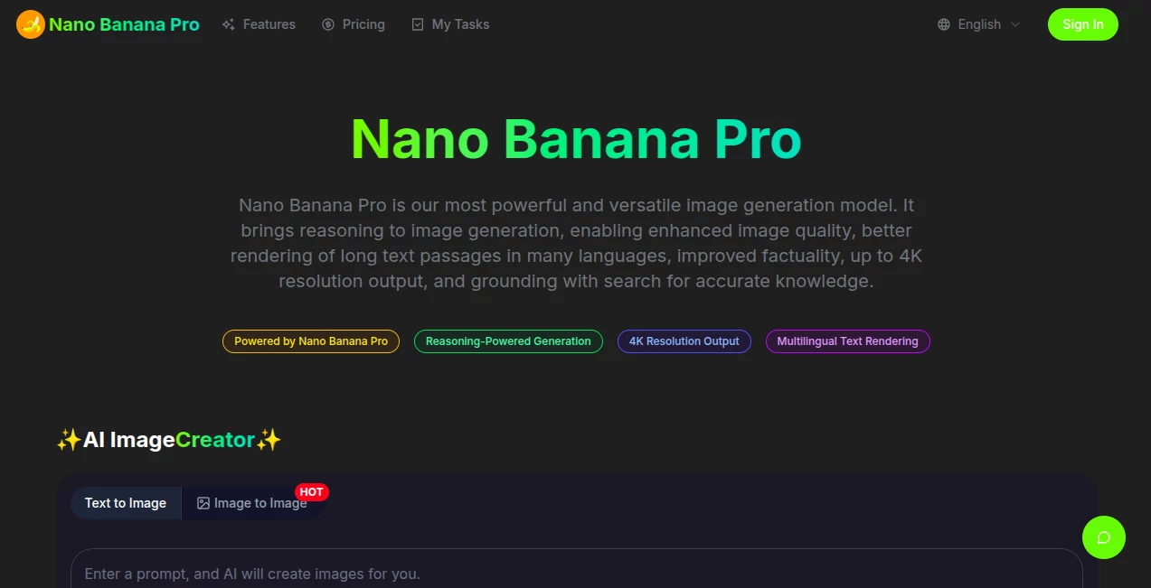 Screenshot of Nano Banana Pro – An AI tool in the ,AI Photo & Image Generator ,AI Art Generator ,AI Design Generator ,AI Text to Image  category, showcasing its interface and key features.