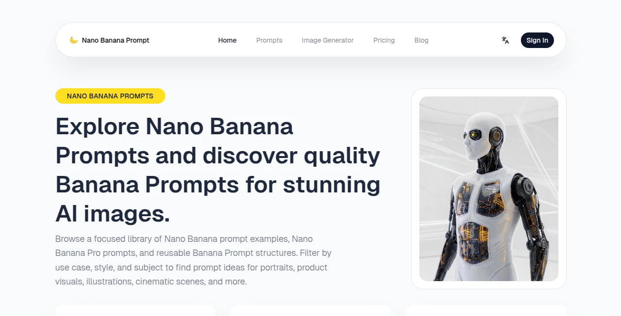 Screenshot of Nano Banana Prompt – An AI tool in the ,AI Photo & Image Generator ,AI Art Generator ,AI Design Generator ,AI Text to Image  category, showcasing its interface and key features.