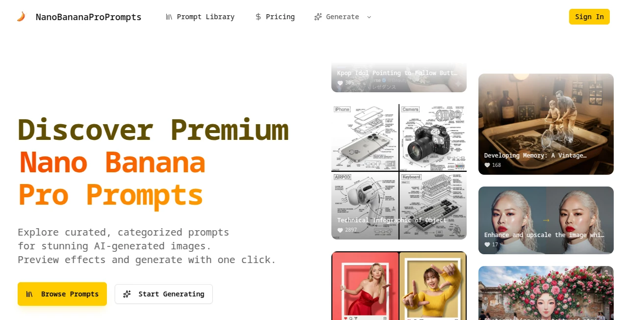 Screenshot of NanoBananaProPrompts – An AI tool in the ,AI Content Generator ,AI Photo & Image Generator ,AI Design Assistant ,Prompt  category, showcasing its interface and key features.