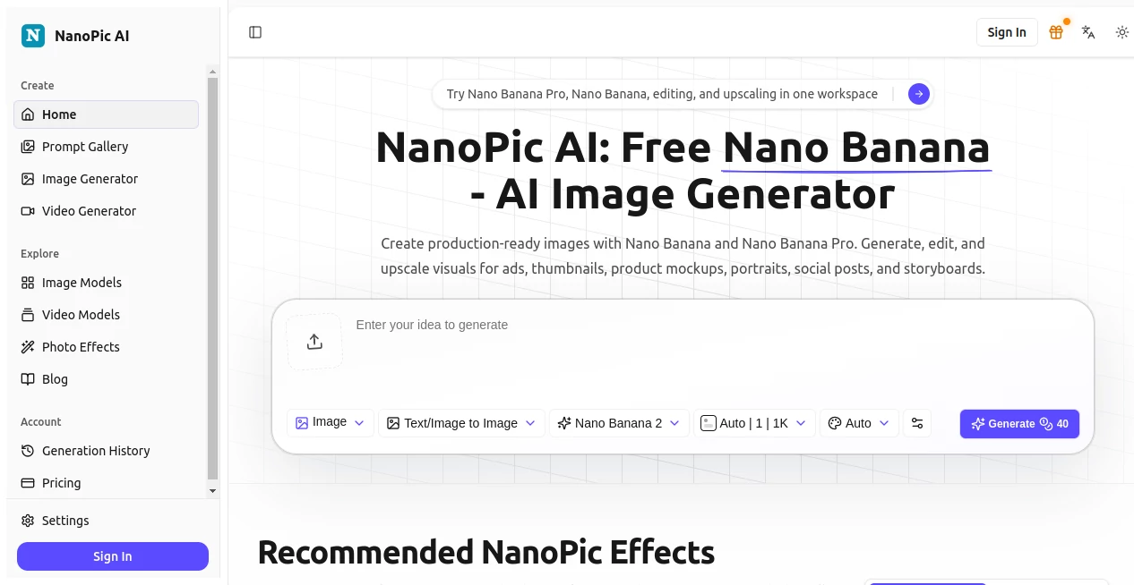 Screenshot of NanoPic AI – An AI tool in the ,AI Photo & Image Generator ,AI Image to Video ,AI Video Generator ,AI Photo Enhancer  category, showcasing its interface and key features.