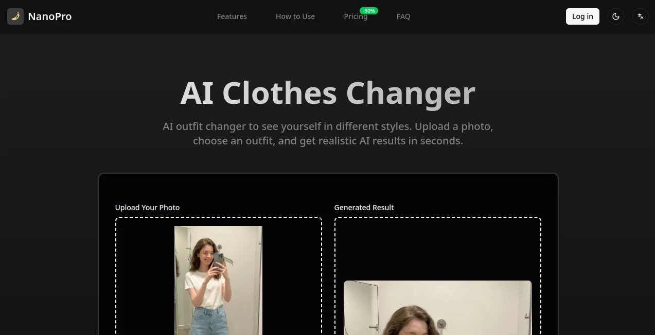 Screenshot of AI Clothes Changer - Nanopro.ai – An AI tool in the ,AI Photo & Image Generator ,AI Clothing Generator ,Photo & Image Editor ,AI Image to Image  category, showcasing its interface and key features.