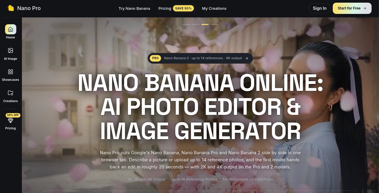 Screenshot of Nano Pro – An AI tool in the ,AI Photo & Image Generator ,Photo & Image Editor ,AI Image to Image ,Image  category, showcasing its interface and key features.