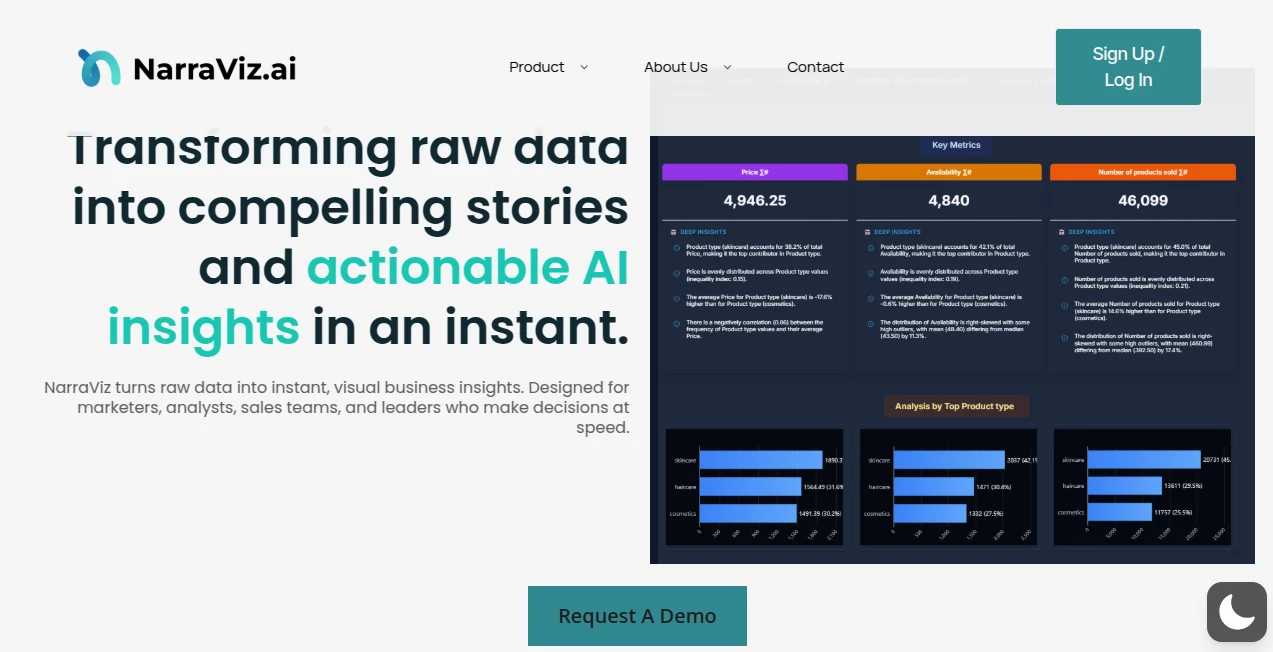 Screenshot of NarraViz AI – An AI tool in the ,AI Content Generator ,AI Design Generator ,AI Presentation Generator  category, showcasing its interface and key features.