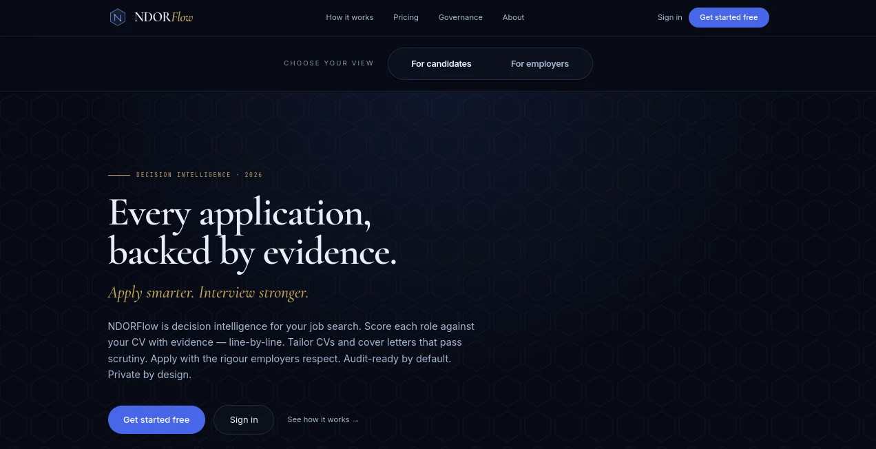 Screenshot of NDORFlow – An AI tool in the ,AI Research Tool ,AI Interview Assistant ,AI Recruiting  category, showcasing its interface and key features.