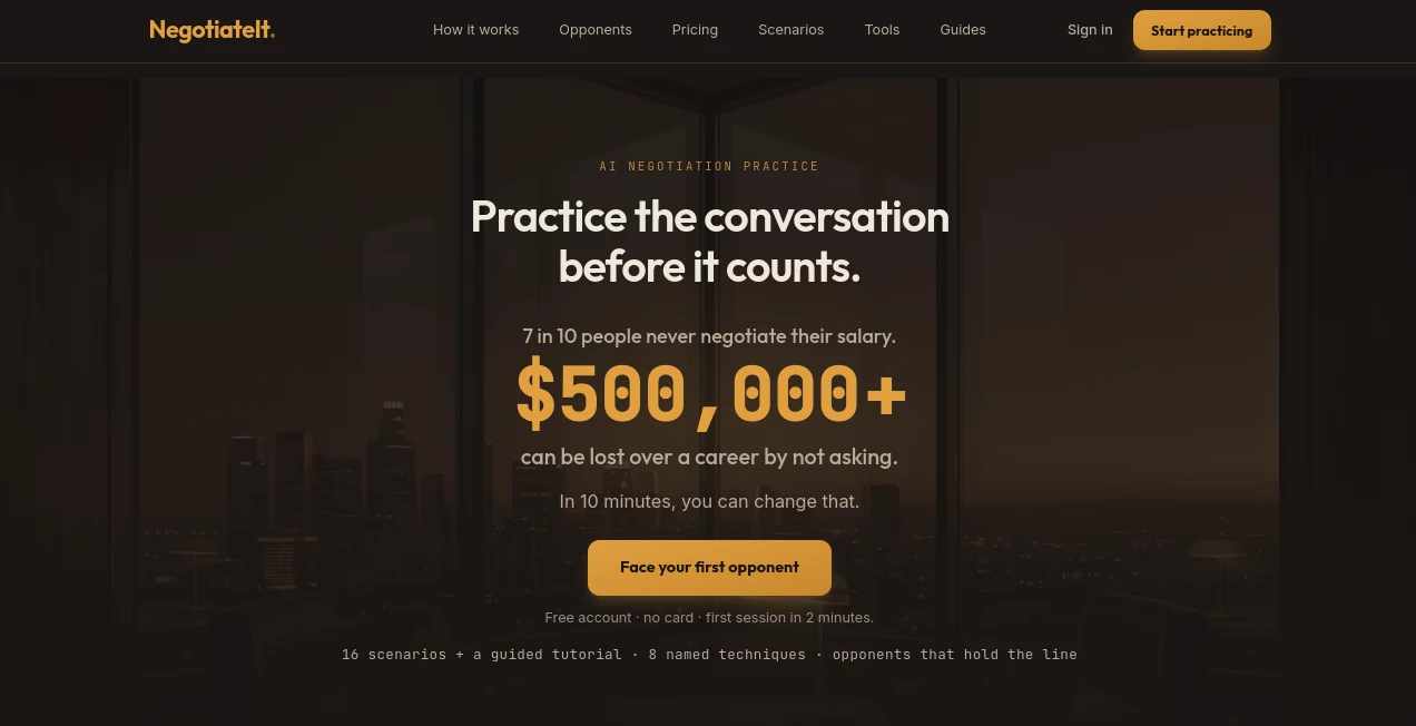 Screenshot of NegotiateIt – An AI tool in the ,AI Business Ideas Generator ,AI Consulting Assistant ,AI Sales Assistant ,AI CRM Assistant  category, showcasing its interface and key features.