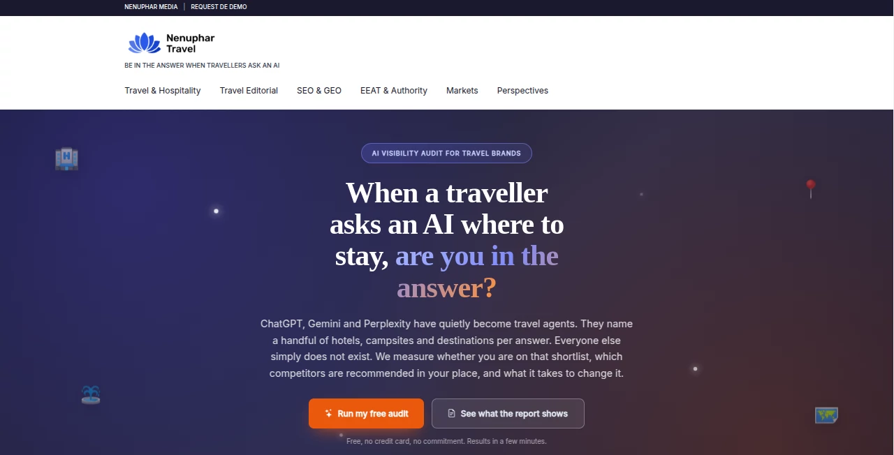 Screenshot of Nenuphar Travel – An AI tool in the ,AI SEO Assistant ,AI Content Generator ,AI Digital Marketing Generator ,AI Marketing Plan Generator  category, showcasing its interface and key features.