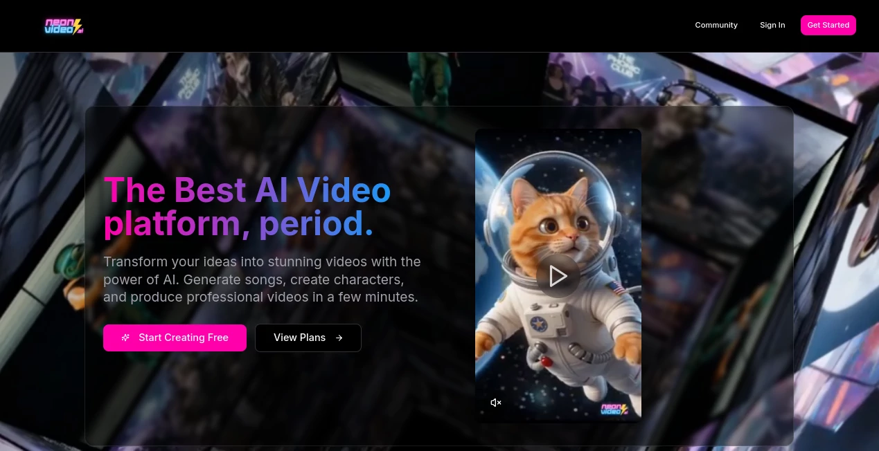 Screenshot of NeonVideo – An AI tool in the ,AI Video Editor ,AI Text to Video ,AI Video Generator ,Marketing  category, showcasing its interface and key features.