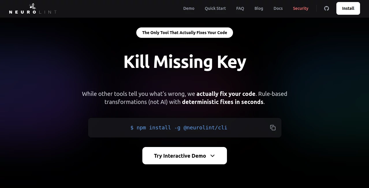 Screenshot of NeuroLint CLI – An AI tool in the ,AI Developer Tools ,AI Testing & QA ,AI Code Assistant ,AI Code Refactoring  category, showcasing its interface and key features.