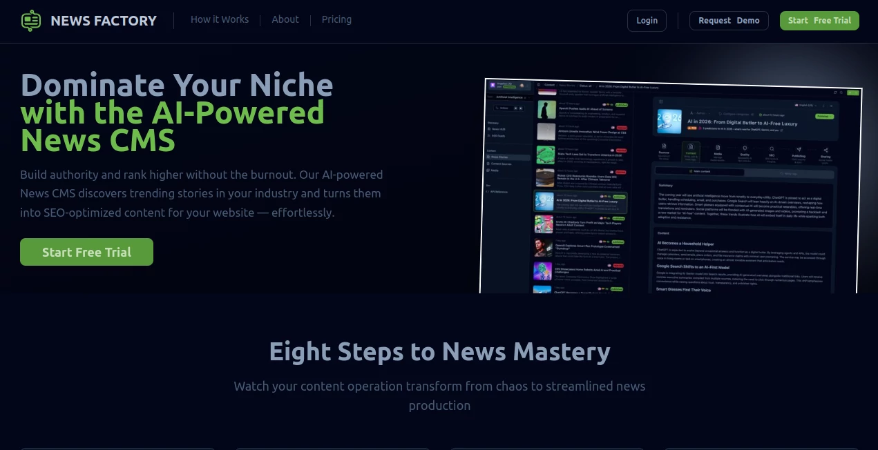Screenshot of News Factory – An AI tool in the ,AI Content Generator ,AI Animated Video ,AI Text to Video ,AI Video Generator  category, showcasing its interface and key features.