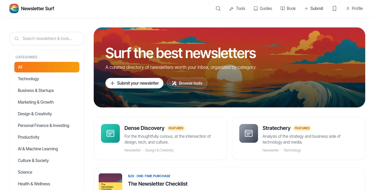 Screenshot of Newsletter Surf – An AI tool in the ,AI Newsletter ,AI Tools Directory  category, showcasing its interface and key features.