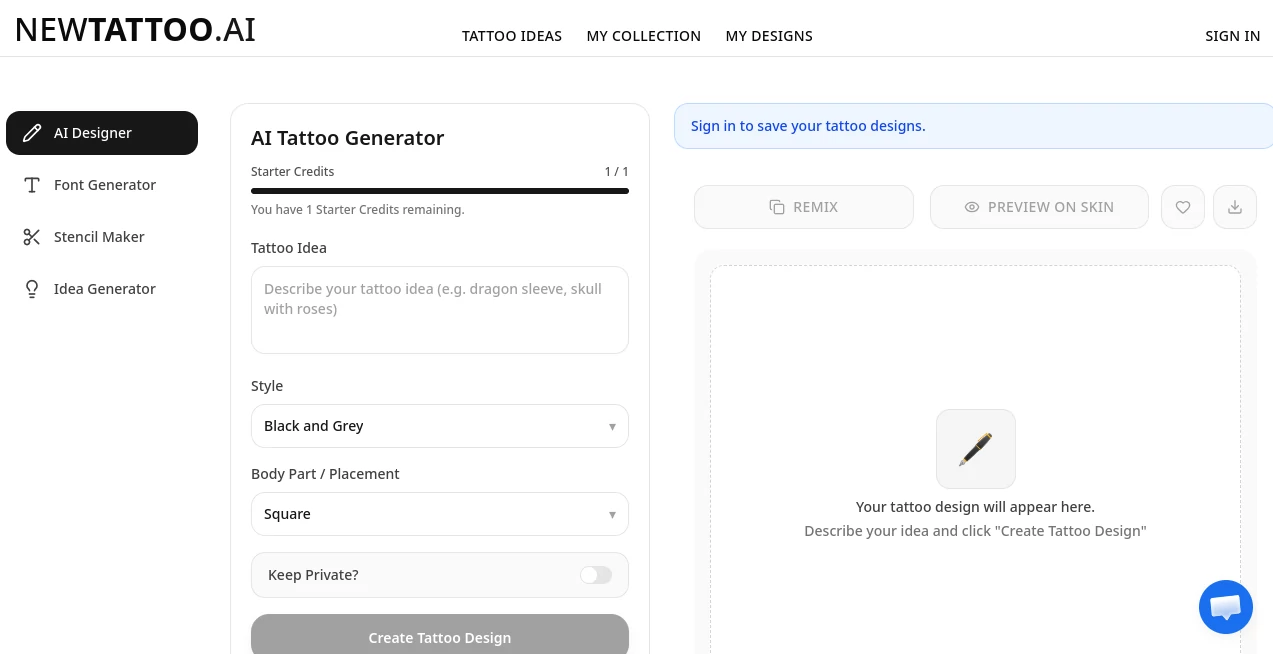 Screenshot of NewTattoo AI – An AI tool in the ,AI Photo & Image Generator ,AI Tattoo Generator ,AI Art Generator ,AI Design Generator  category, showcasing its interface and key features.