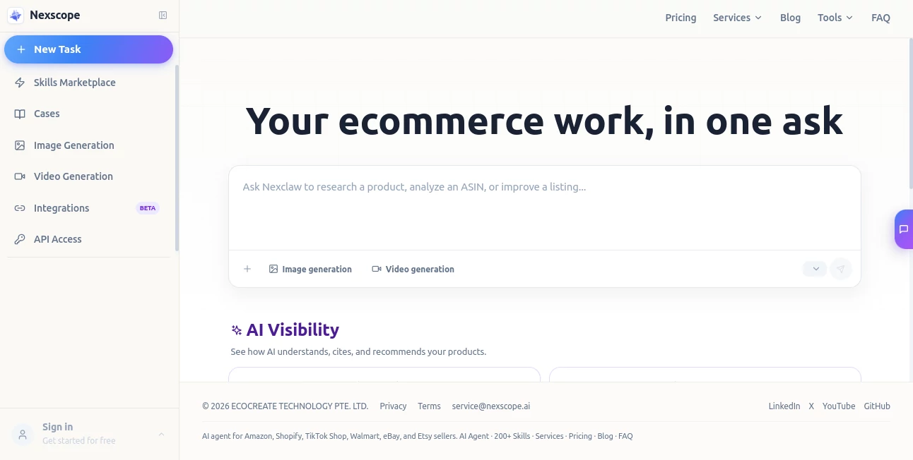 Screenshot of Nexscope – An AI tool in the ,AI E-commerce Assistant ,AI Analytics Assistant ,AI SEO Assistant ,AI Marketing Plan Generator  category, showcasing its interface and key features.