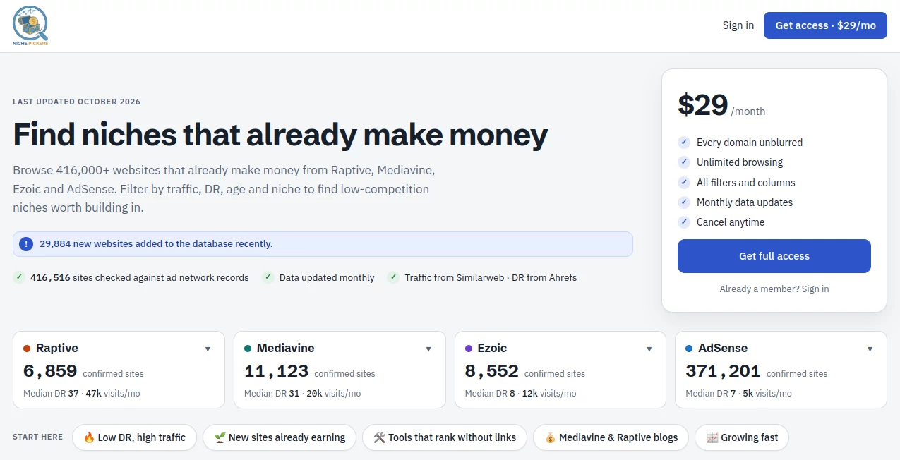 Screenshot of Niche Pickers – An AI tool in the ,Marketing  category, showcasing its interface and key features.