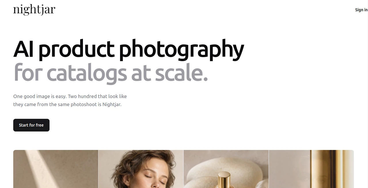 Screenshot of Nightjar – An AI tool in the ,AI Photo & Image Generator ,AI Photography ,AI E-commerce Assistant  category, showcasing its interface and key features.