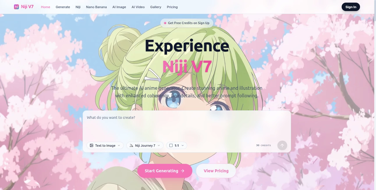 Screenshot of Niji V7 – An AI tool in the ,AI Anime Art ,AI Art Generator ,AI Design Generator ,AI Image to Image  category, showcasing its interface and key features.