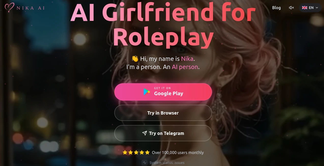 Screenshot of Nika AI – An AI tool in the ,AI Fun Tools ,AI Character ,AI Chatbot ,AI Girlfriend  category, showcasing its interface and key features.