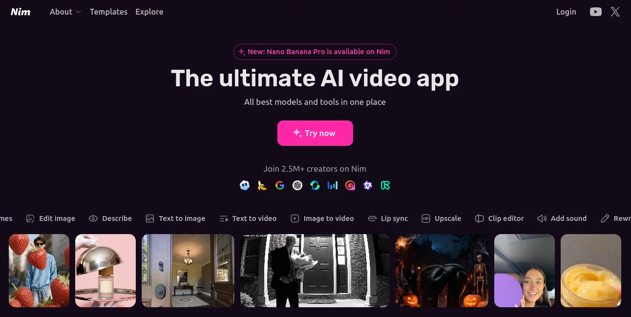 Screenshot of Nim – An AI tool in the ,AI Image to Video ,AI Content Generator ,AI Video Generator ,AI Text to Video  category, showcasing its interface and key features.