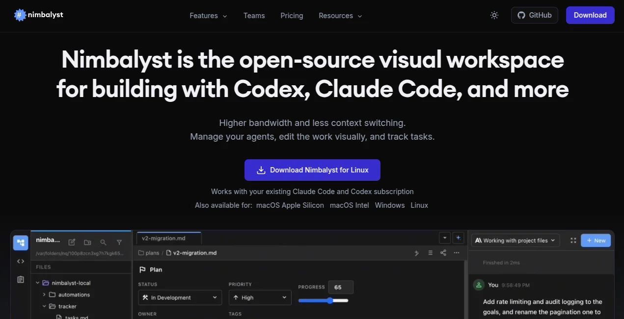 Screenshot of Nimbalyst – An AI tool in the ,AI Code Assistant ,AI Developer Tools ,AI Productivity Tools ,AI Team Collaboration  category, showcasing its interface and key features.