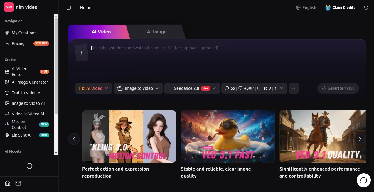 Screenshot of nimvideo.com – An AI tool in the ,AI Image to Video ,AI Video Editor ,AI Text to Video ,AI Video Generator  category, showcasing its interface and key features.