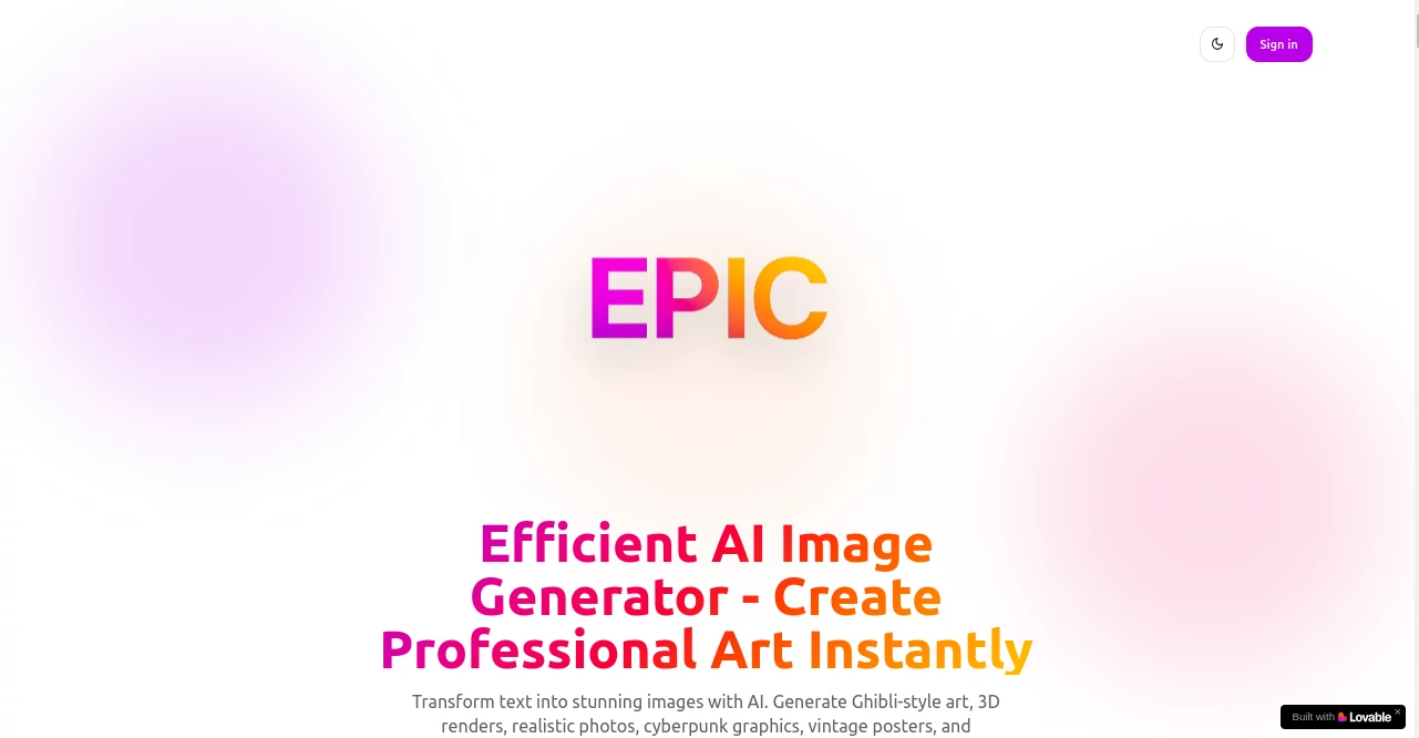 Screenshot of EPIC – An AI tool in the ,AI Photo & Image Generator ,AI Art Generator ,AI Design Generator ,AI Text to Image  category, showcasing its interface and key features.