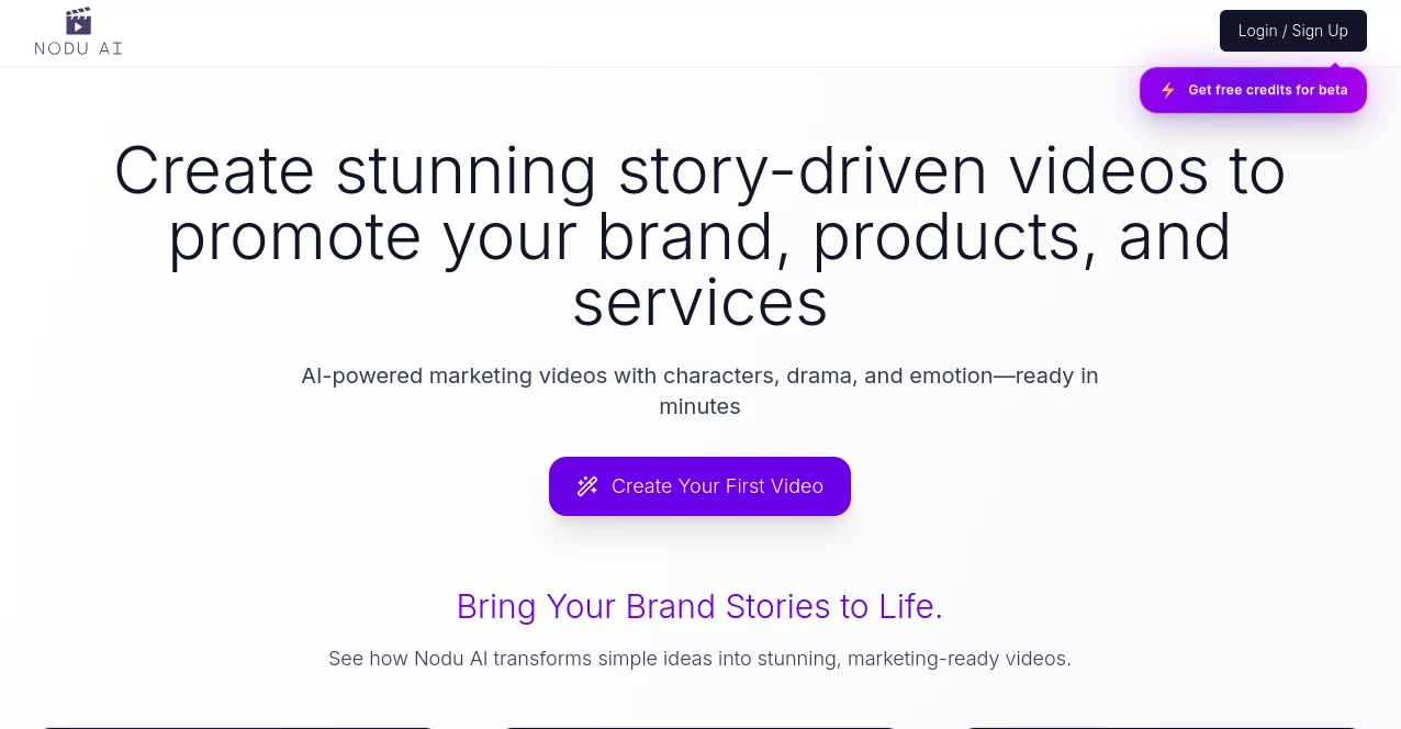 Screenshot of Nodu AI – An AI tool in the ,Marketing ,AI Video Editor ,AI Marketing Plan Generator ,AI Video Generator  category, showcasing its interface and key features.