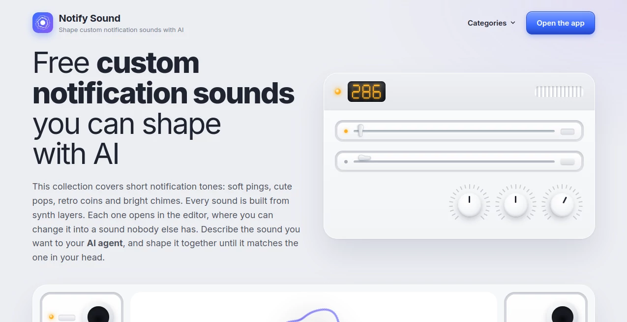 Screenshot of Notify Sound – An AI tool in the ,Voice  category, showcasing its interface and key features.