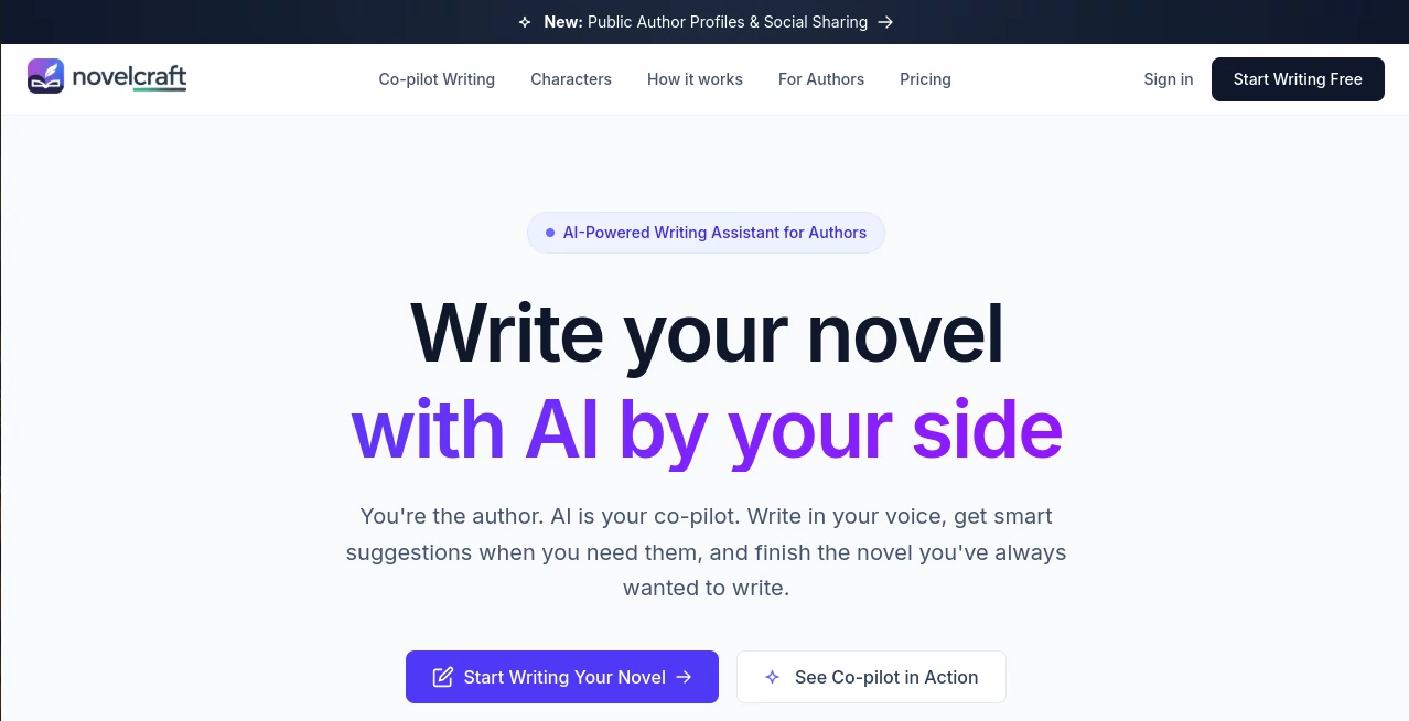 Screenshot of NovelCraft AI – An AI tool in the ,AI Creative Writing ,AI Content Generator ,AI Novel ,AI Writing Assistants  category, showcasing its interface and key features.