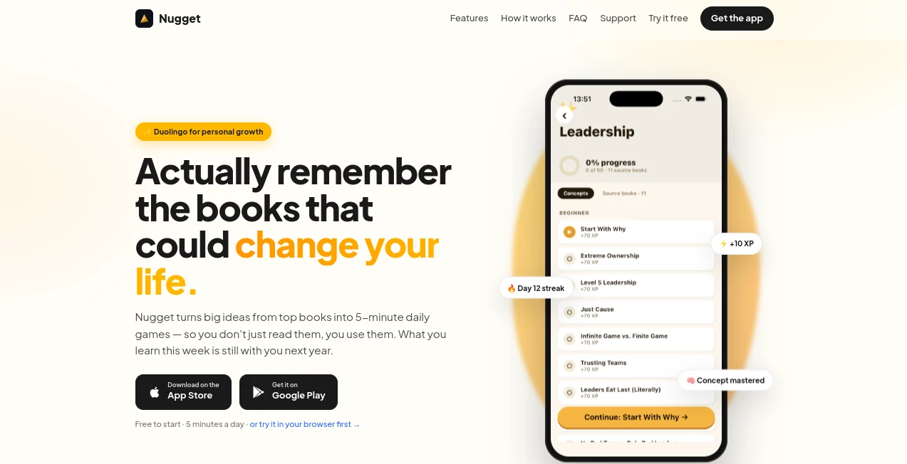 Screenshot of Nugget – An AI tool in the ,AI Life Assistant ,AI Coaching ,AI Education Assistant ,AI Productivity Tools  category, showcasing its interface and key features.