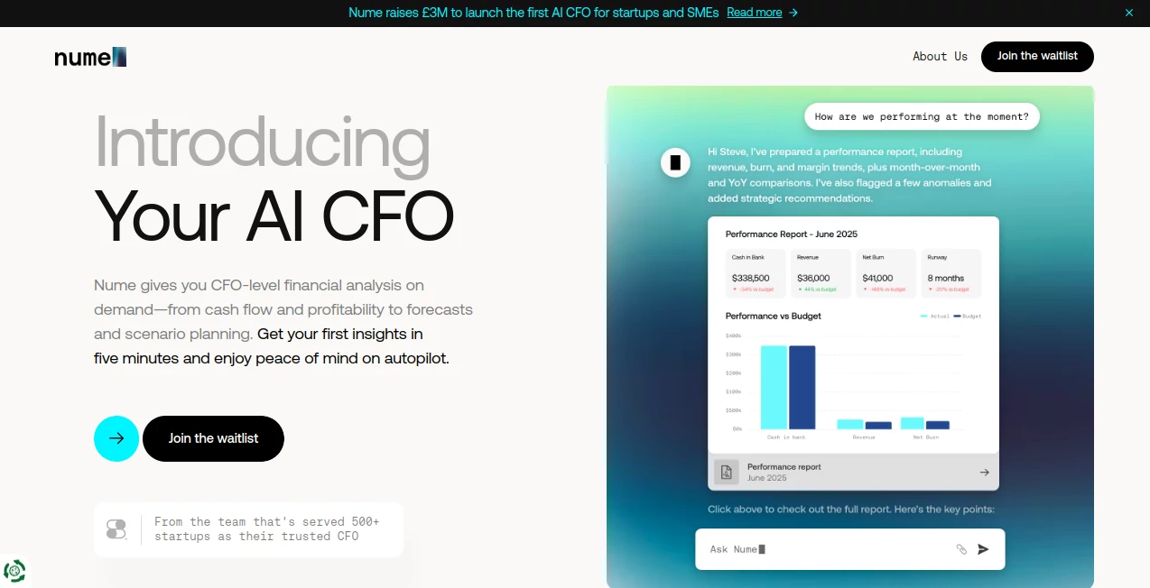 Screenshot of Nume AI CFO – An AI tool in the ,AI Data Mining ,AI Accounting Assistant ,AI Research Tool ,AI Analytics Assistant  category, showcasing its interface and key features.