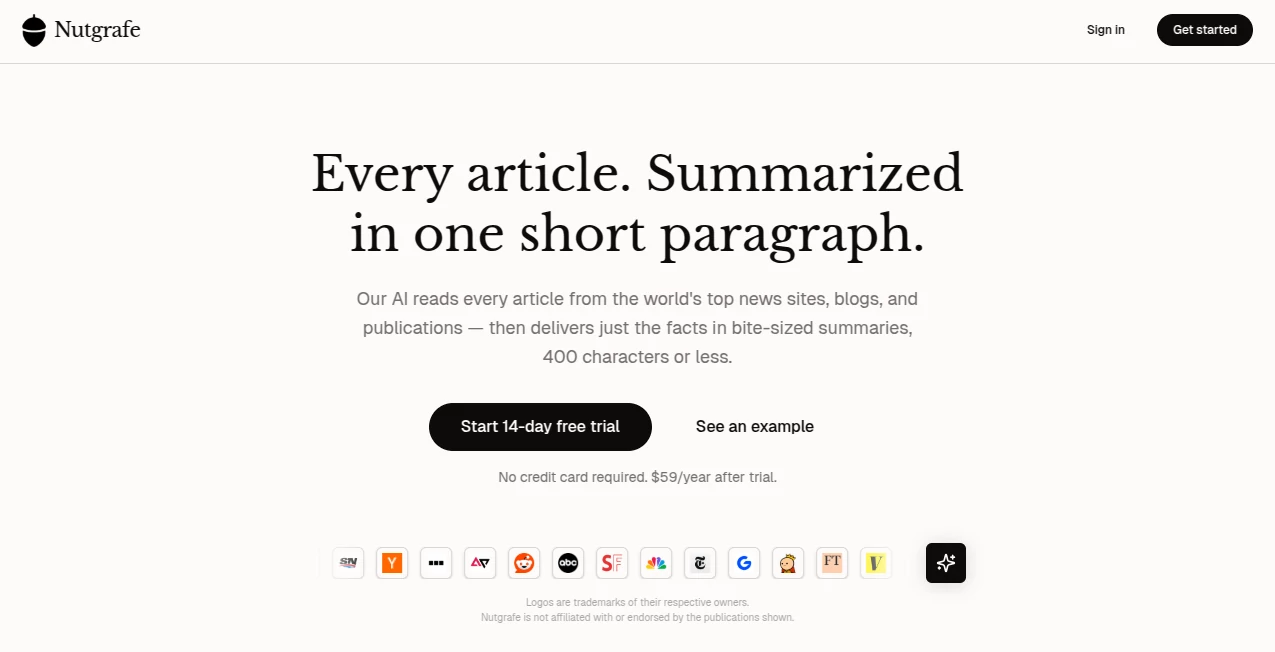 Screenshot of Nutgrafe – An AI tool in the ,AI Summarizer ,AI Research Tool  category, showcasing its interface and key features.