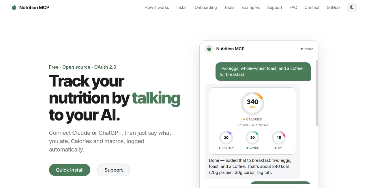 Screenshot of Nutrition MCP – An AI tool in the ,AI Chatbot ,AI Life Assistant ,AI Fitness ,AI Healthcare  category, showcasing its interface and key features.