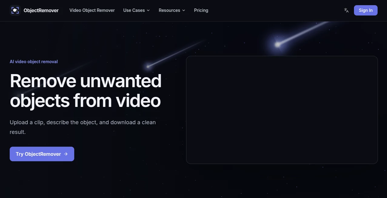 Screenshot of ObjectRemover – An AI tool in the ,AI Video to Video ,AI Video Editor ,AI Video Enhancer ,Video  category, showcasing its interface and key features.