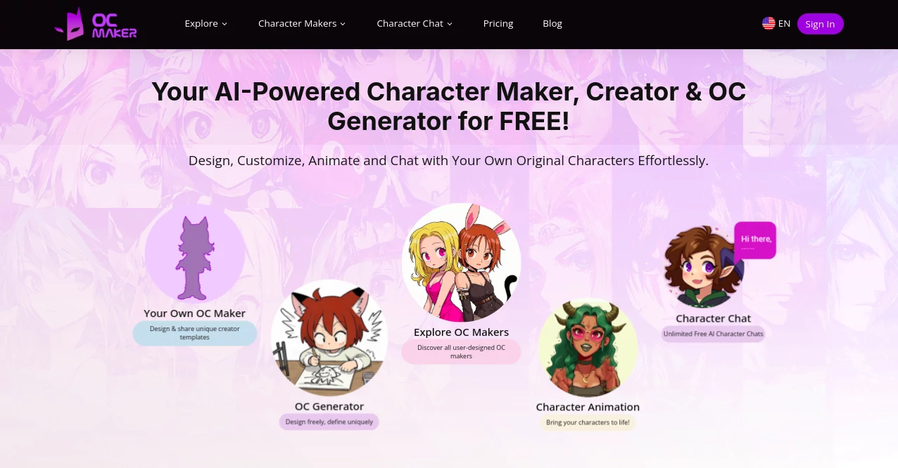 Screenshot of OC Maker – An AI tool in the ,AI Character ,AI Art Generator ,AI Design Generator ,AI Game  category, showcasing its interface and key features.