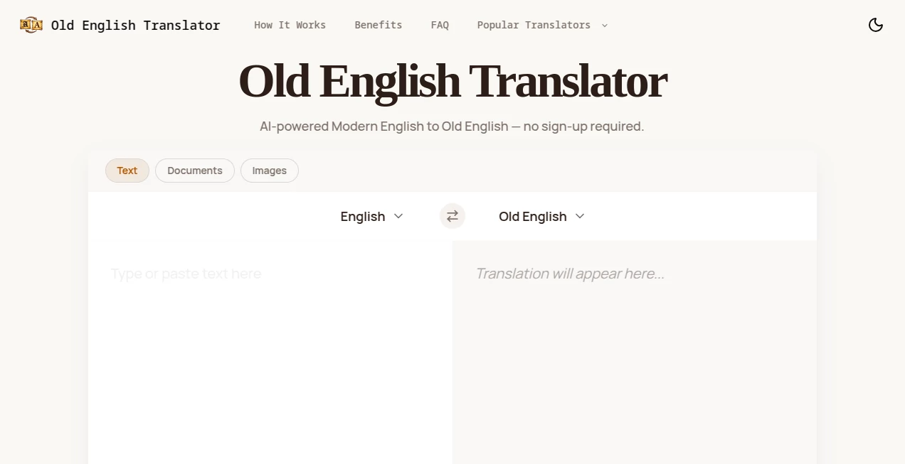 Screenshot of Old English Translator – An AI tool in the ,AI Translate ,AI Education Assistant  category, showcasing its interface and key features.