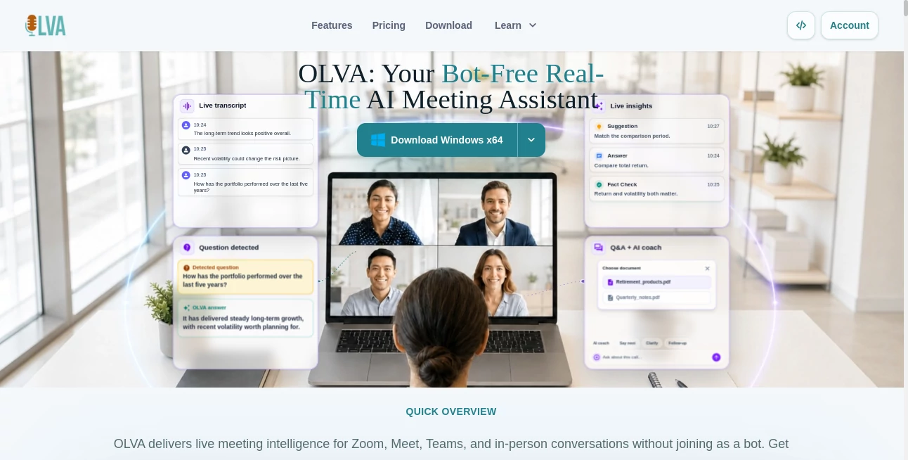 Screenshot of OLVA – An AI tool in the ,AI Meeting Assistant ,AI Productivity Tools ,AI Speech Recognition ,AI Speech to Text  category, showcasing its interface and key features.