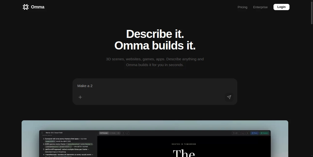 Screenshot of Omma – An AI tool in the ,AI Website Builder ,AI App Builder ,AI Design Generator ,AI 3D Model Generator  category, showcasing its interface and key features.