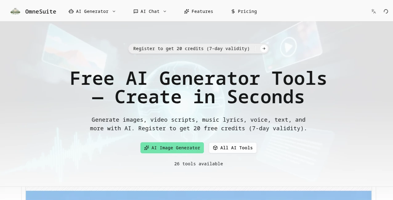 Screenshot of Omnesuite ALL IN ONE AI Generator Tools – An AI tool in the ,AI Photo & Image Generator ,AI Video Generator ,AI Music Generator ,AI Voice Chat Generator  category, showcasing its interface and key features.