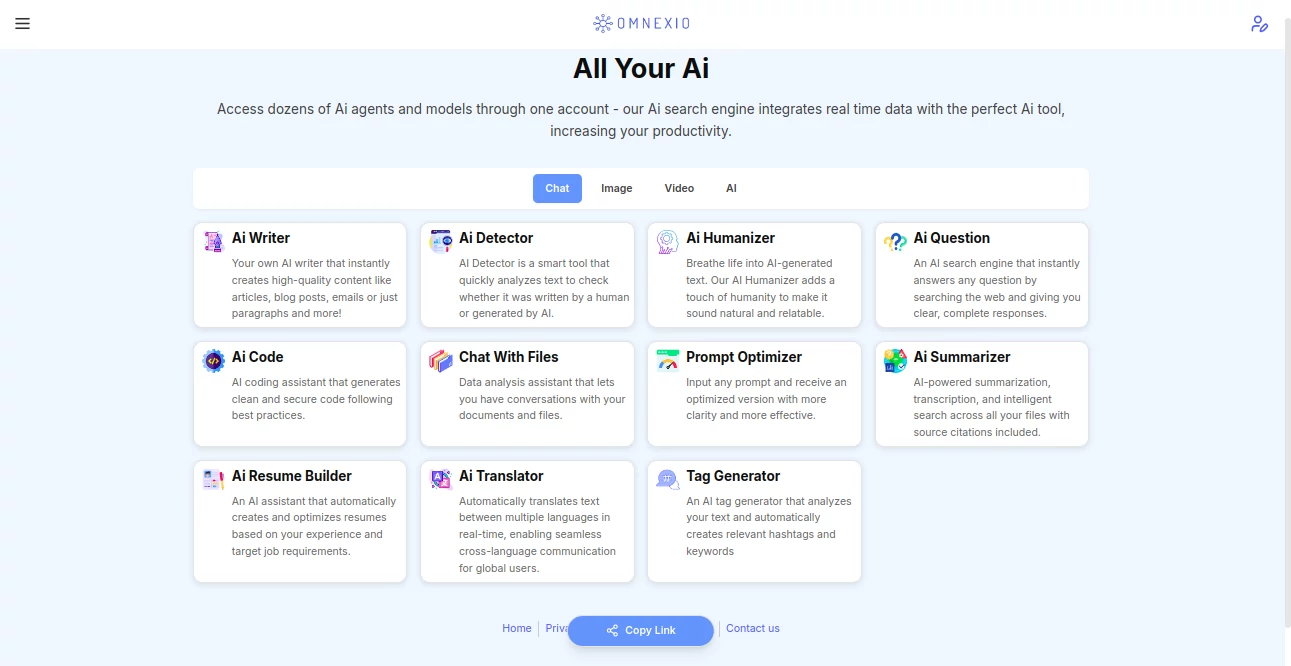 Screenshot of omnexio.ai – An AI tool in the ,AI Writing Assistants ,AI Content Generator ,AI Design Generator ,AI Productivity Tools  category, showcasing its interface and key features.
