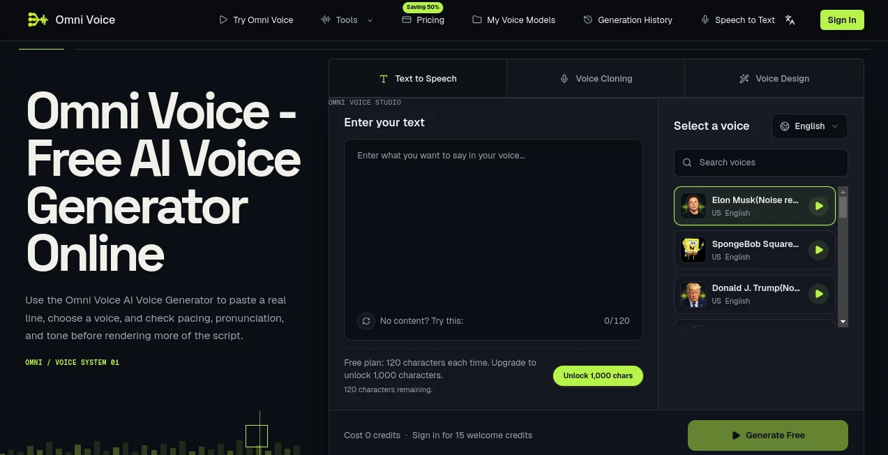 Screenshot of Omni Voice – An AI tool in the ,AI Text to Speech ,AI Voice & Audio Editing ,AI Speech Synthesis ,AI Voice Assistants  category, showcasing its interface and key features.