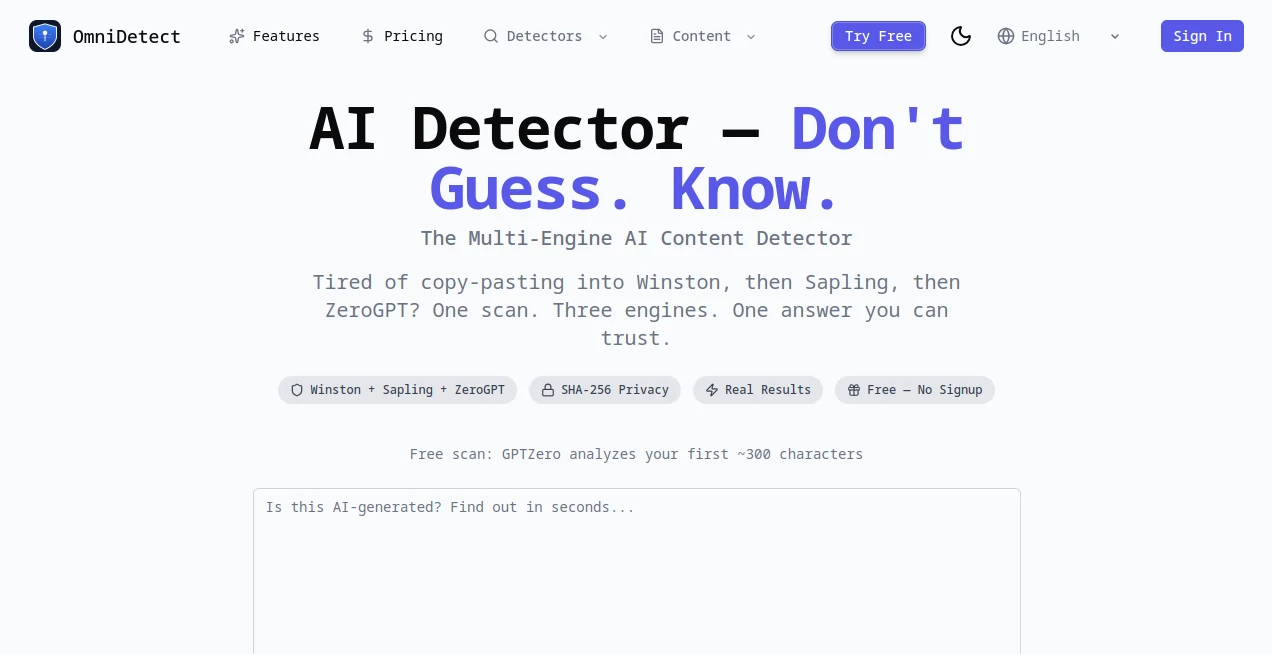Screenshot of OmniDetect – An AI tool in the ,AI Writing Assistants ,AI SEO Assistant ,AI Content Detector ,AI Education Assistant  category, showcasing its interface and key features.