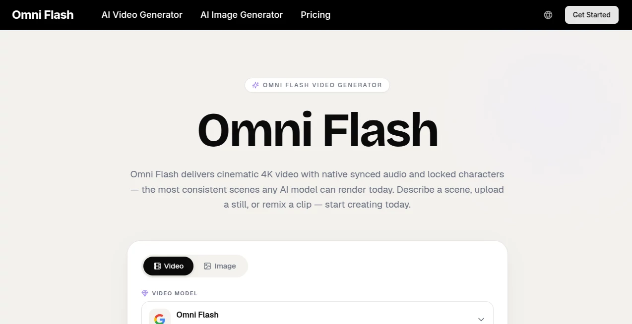 Screenshot of Omni Flash – An AI tool in the ,AI Image to Video ,AI Video Generator ,AI Video Editor ,AI Text to Video  category, showcasing its interface and key features.