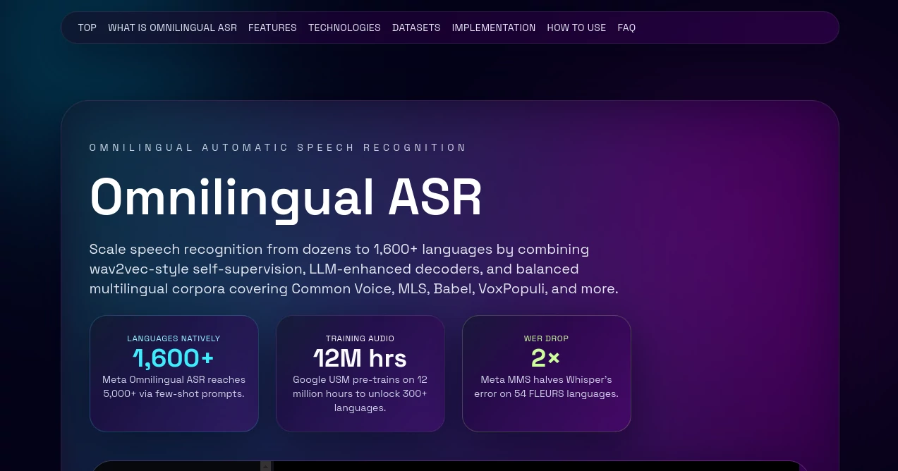 Screenshot of Omnilingual ASR – An AI tool in the ,AI Transcriber ,AI Speech Recognition ,AI Speech to Text ,AI Voice Assistants  category, showcasing its interface and key features.