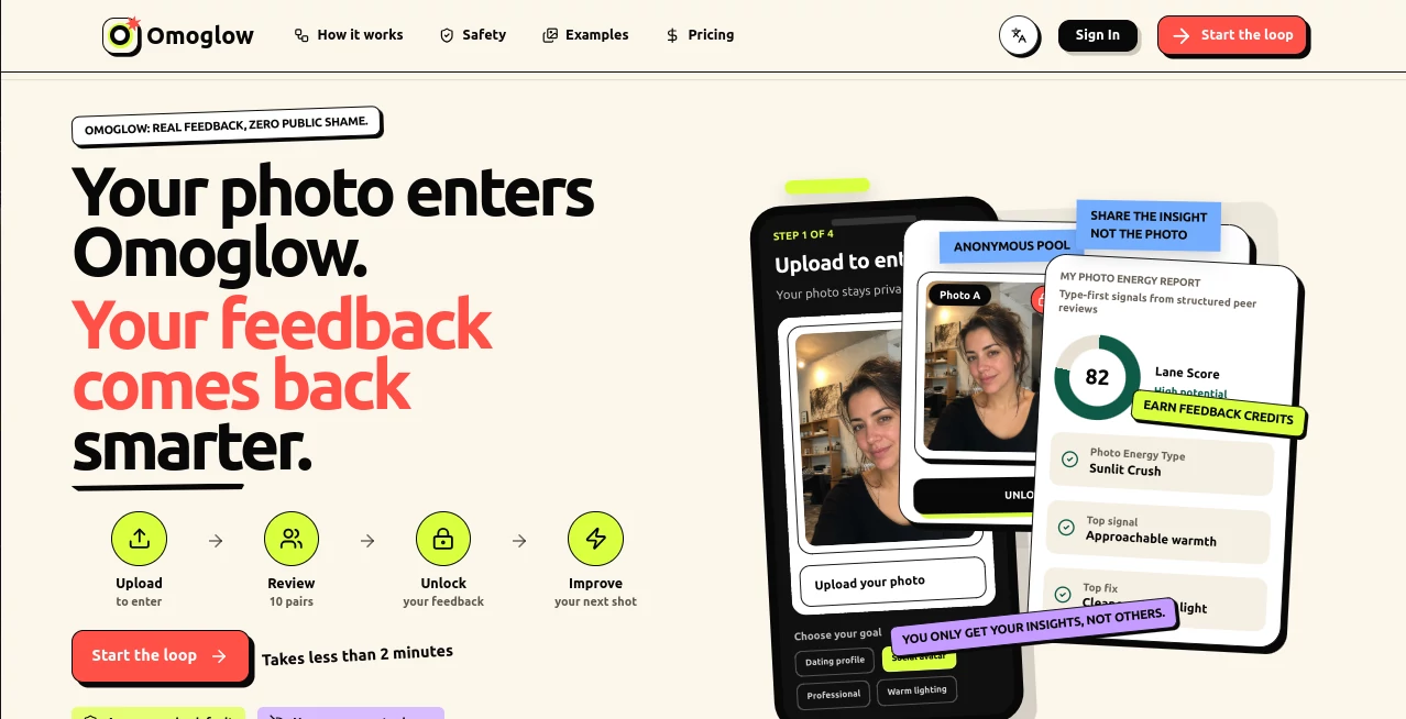 Screenshot of Omoglow – An AI tool in the ,Photo & Image Editor ,AI Image to Image ,AI Life Assistant ,AI Fun Tools  category, showcasing its interface and key features.