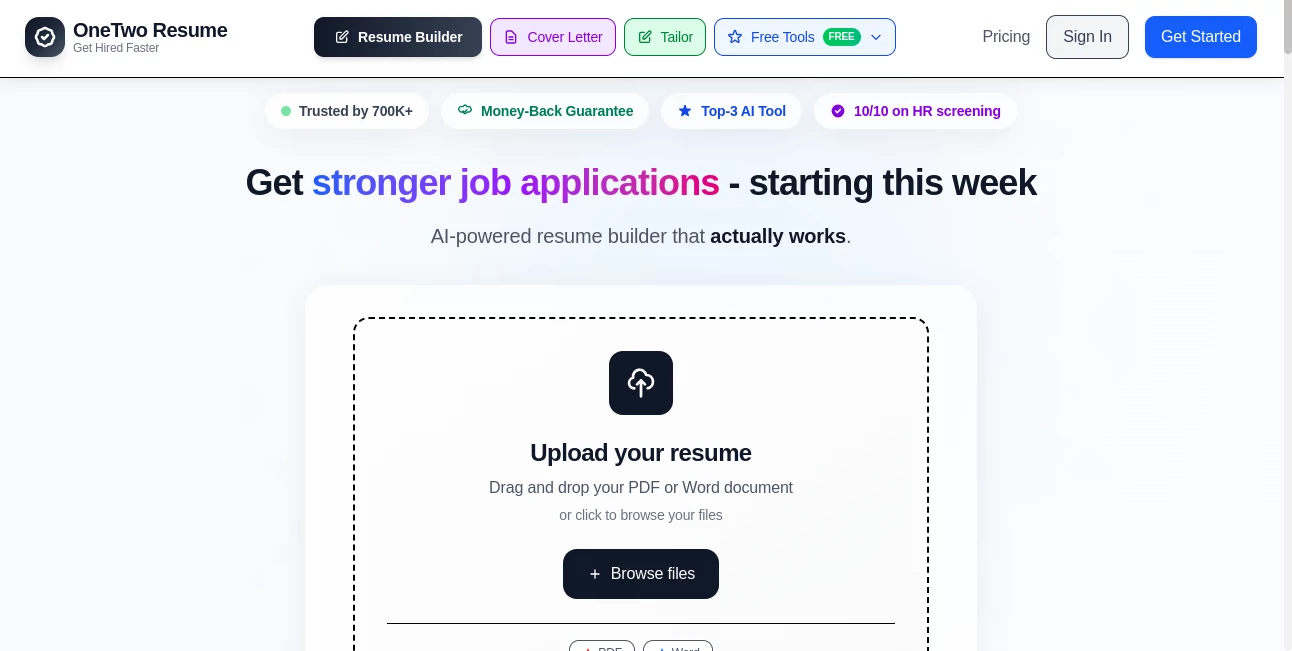 Screenshot of OneTwoResume – An AI tool in the ,AI Cover Letter Generator ,AI Resume Builder ,AI Recruiting ,AI Writing Assistants  category, showcasing its interface and key features.