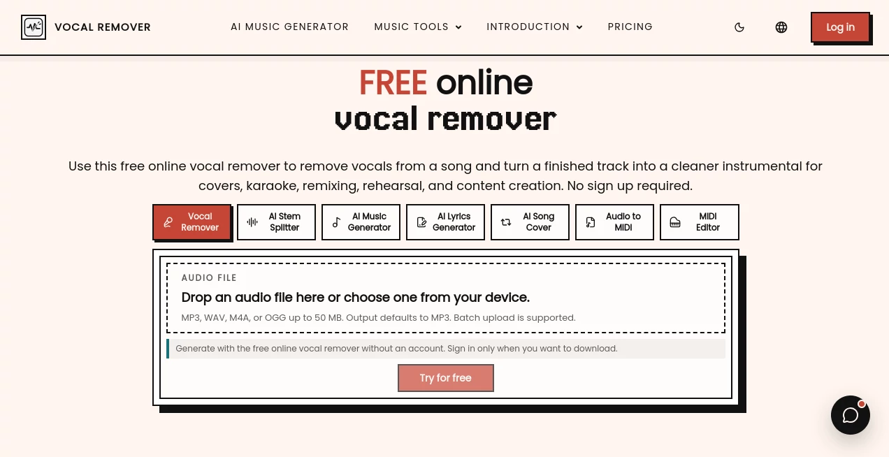 Screenshot of Online Vocal Remover – An AI tool in the ,AI Audio Enhancer ,AI Music Generator  category, showcasing its interface and key features.