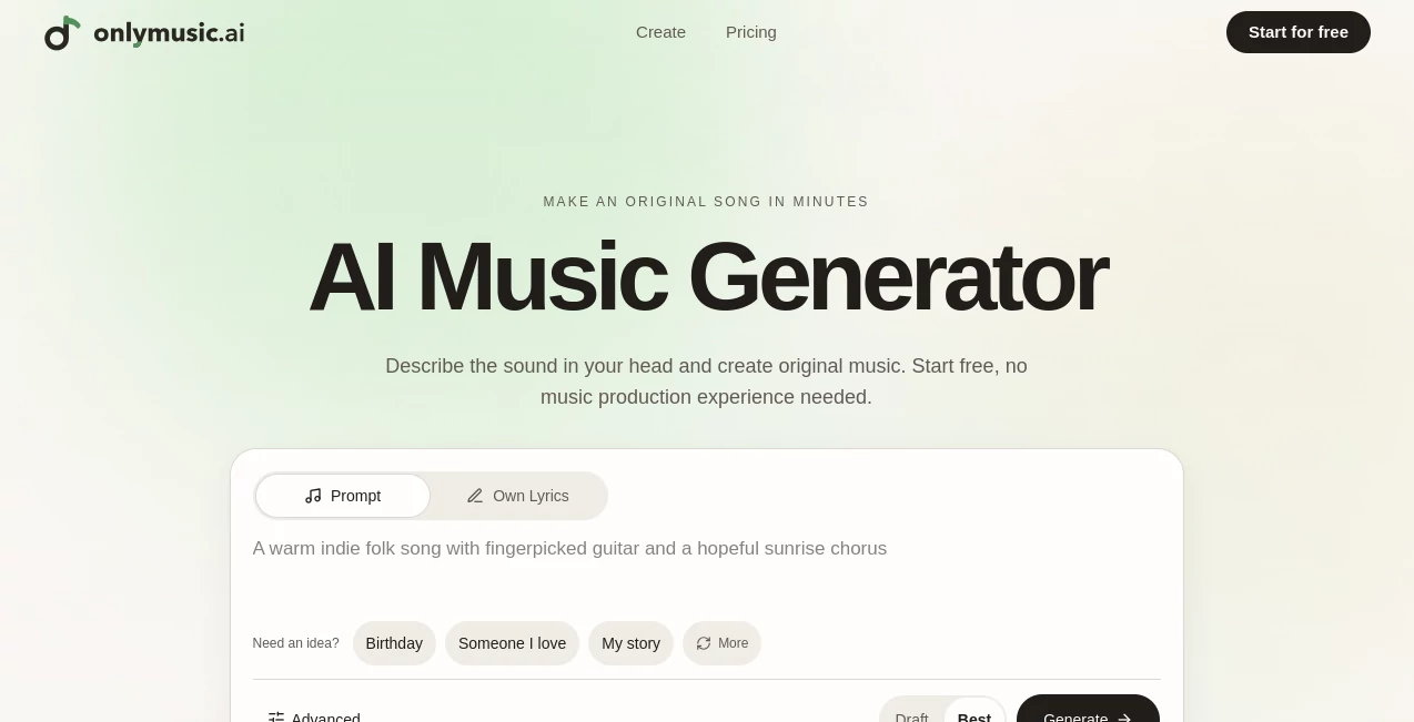 Screenshot of Onlymusic – An AI tool in the ,AI Text to Music ,AI Music Generator  category, showcasing its interface and key features.