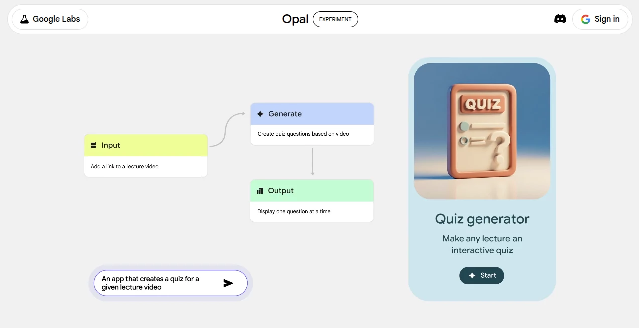 Screenshot of Opal – An AI tool in the ,AI App Builder ,AI No-Code & Low-Code ,AI Developer Tools  category, showcasing its interface and key features.