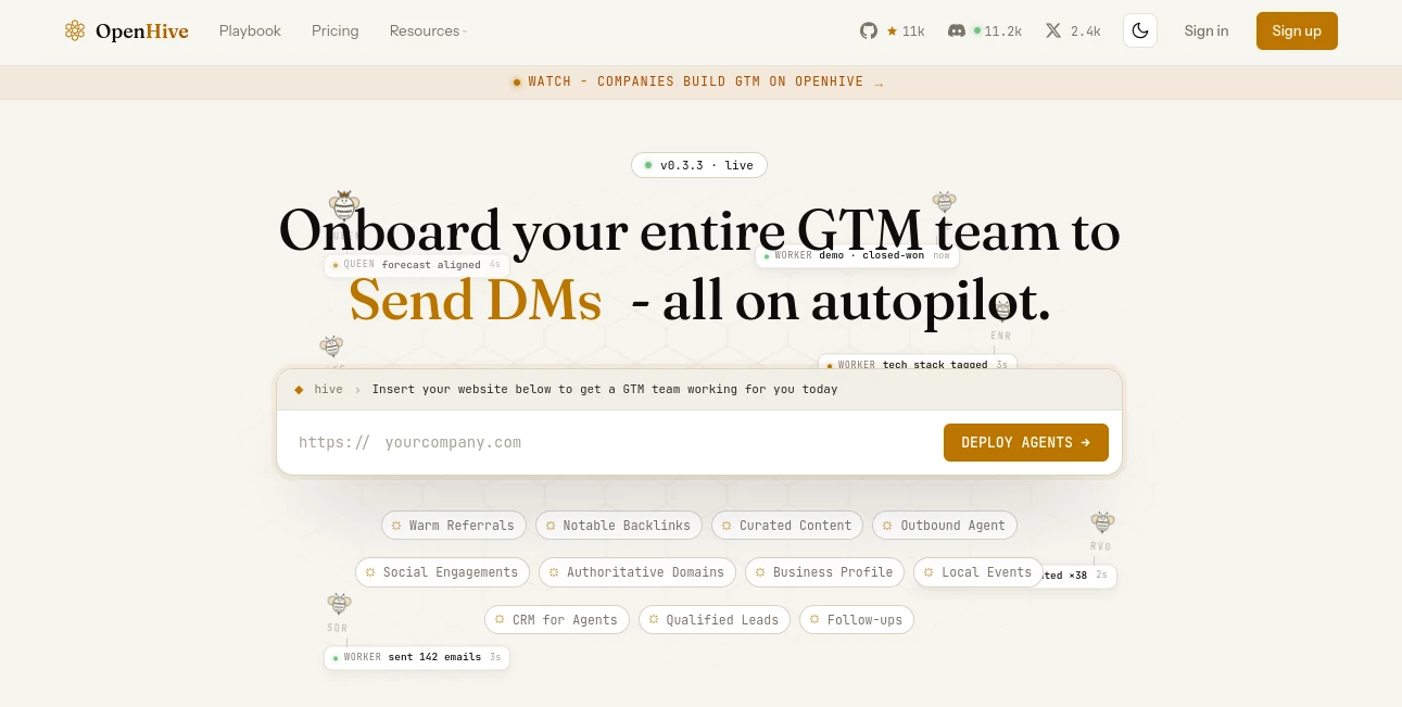 Screenshot of OpenHive – An AI tool in the ,AI Lead Generation ,AI Sales Assistant ,AI CRM Assistant ,AI Workflow Management  category, showcasing its interface and key features.